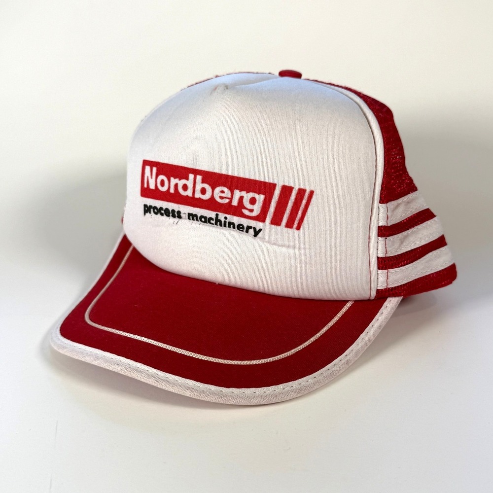 Vtg Nordberg Process Machinery 3 Stripe Trucker Hat Red Snapback Foam San-Sun